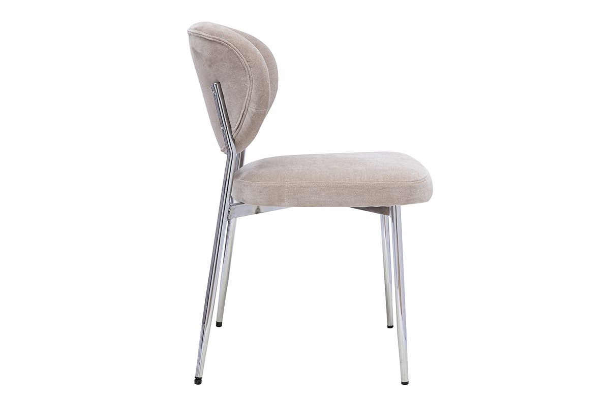 Chaise BREKA en tissu effet velours taupe vue de profil, pi�tement en m�tal chrom�.