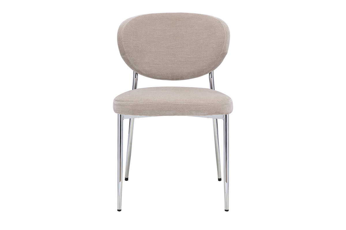 Chaise en tissu effet velours taupe avec pi�tement en m�tal chrom�, vue de face.