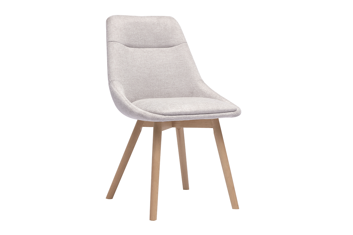 Chaise beige en tissu effet velours avec pieds en bois clair, vue de 3/4.