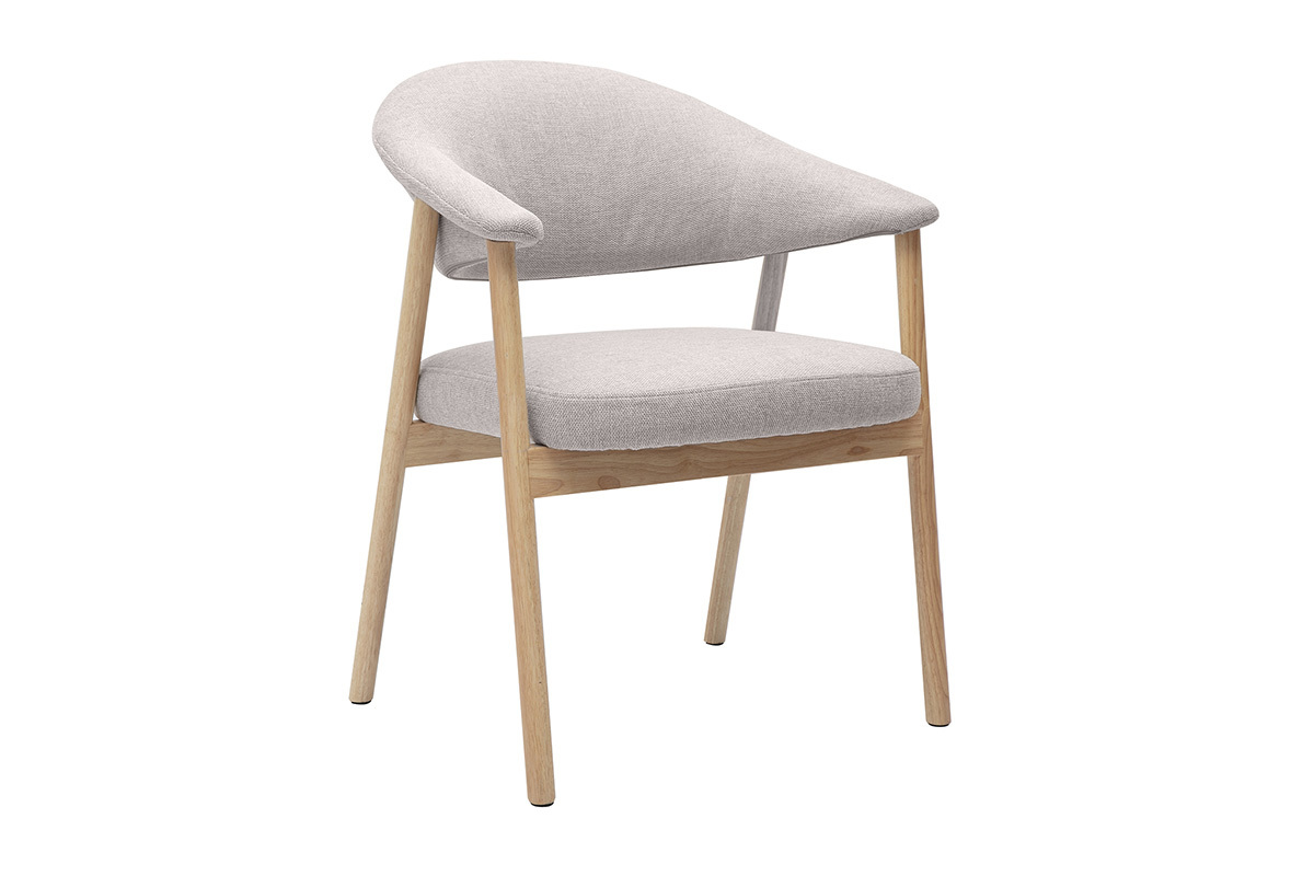Chaise en tissu effet velours textur� beige avec structure en bois clair, vue de 3/4.