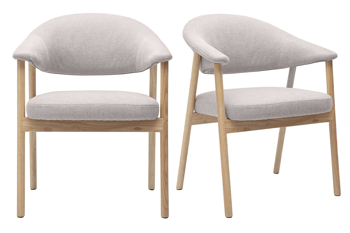 Lot de 2 chaises en tissu beige effet velours avec structure en bois clair, vue de face.