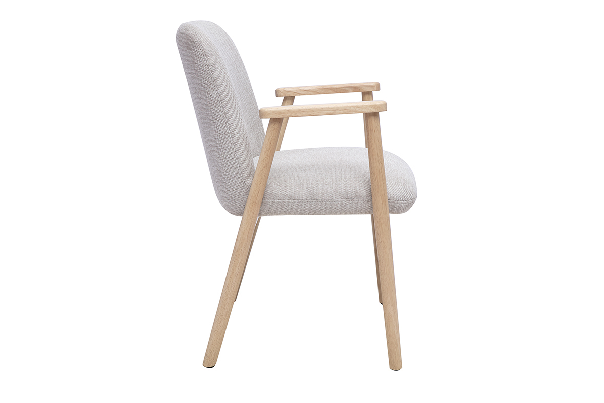 Chaise en tissu effet velours textur� beige avec accoudoirs, vue de profil, pieds en bois clair.