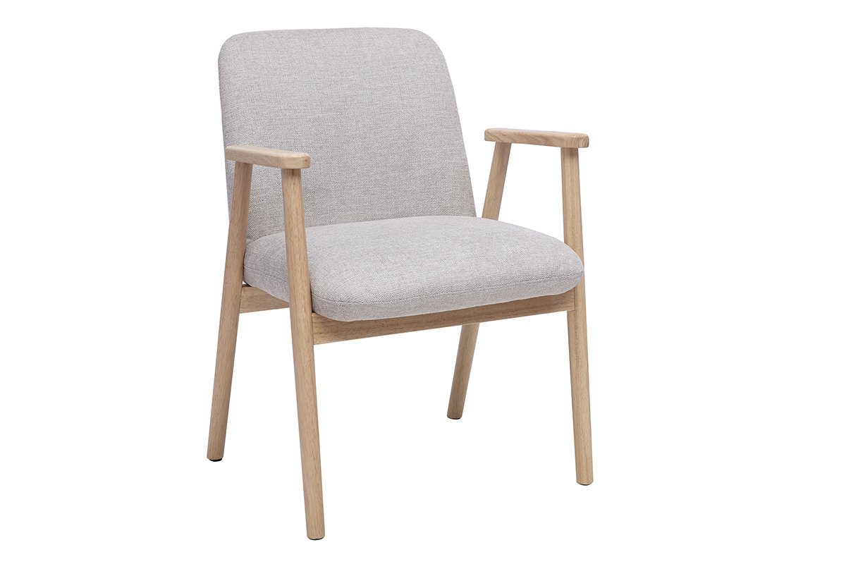 Chaise en tissu beige effet velours, structure en bois clair, vue de 3/4