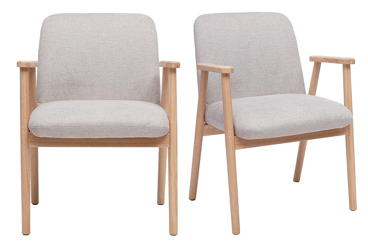 Lot de 2 chaises en tissu effet velours beige et bois clair, vue de face.