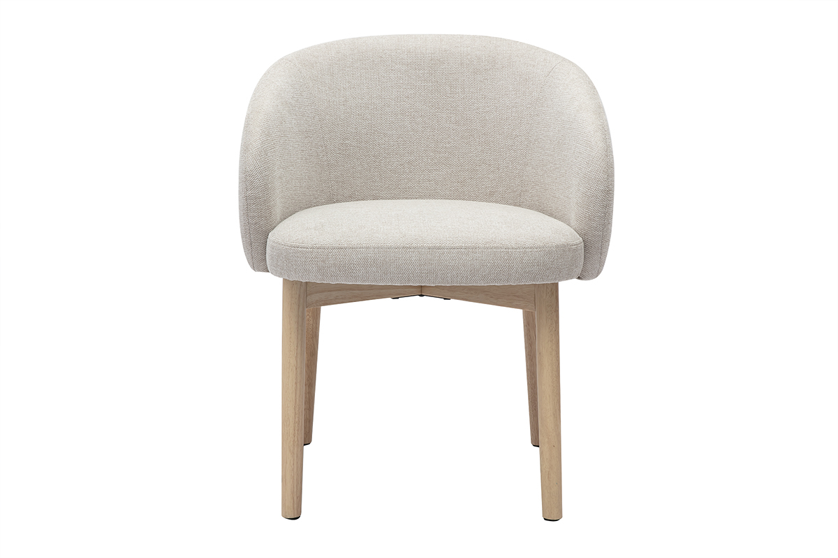 Chaise TORVI en tissu velours textur� beige avec pieds en bois clair, vue de face.