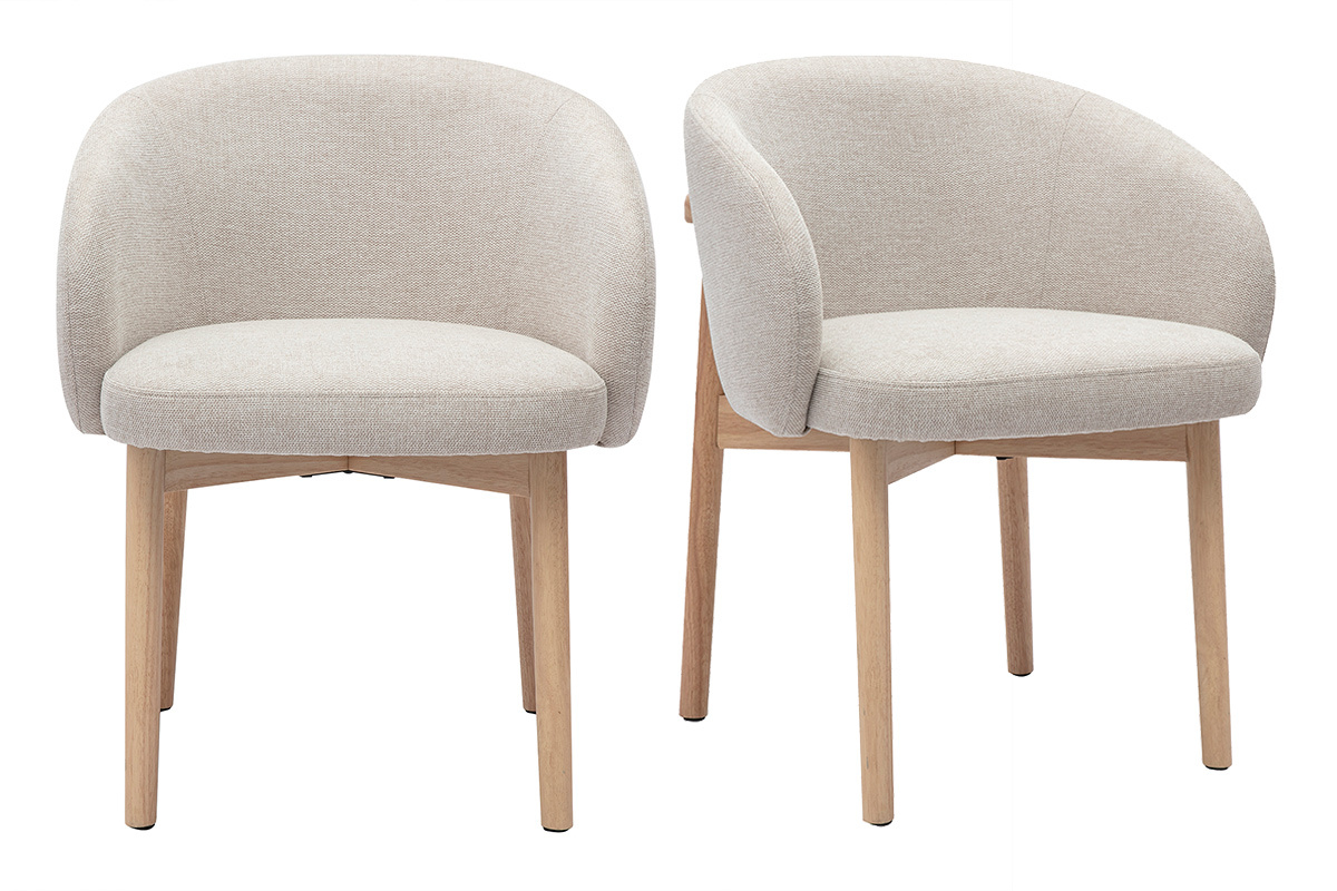 Lot de 2 chaises TORVI en tissu beige effet velours et bois clair, vue de face.