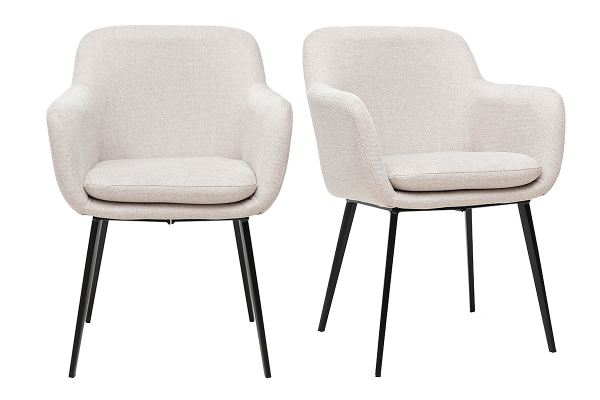 Deux chaises AMIKA en tissu effet velours beige avec pieds noirs, vue de face.