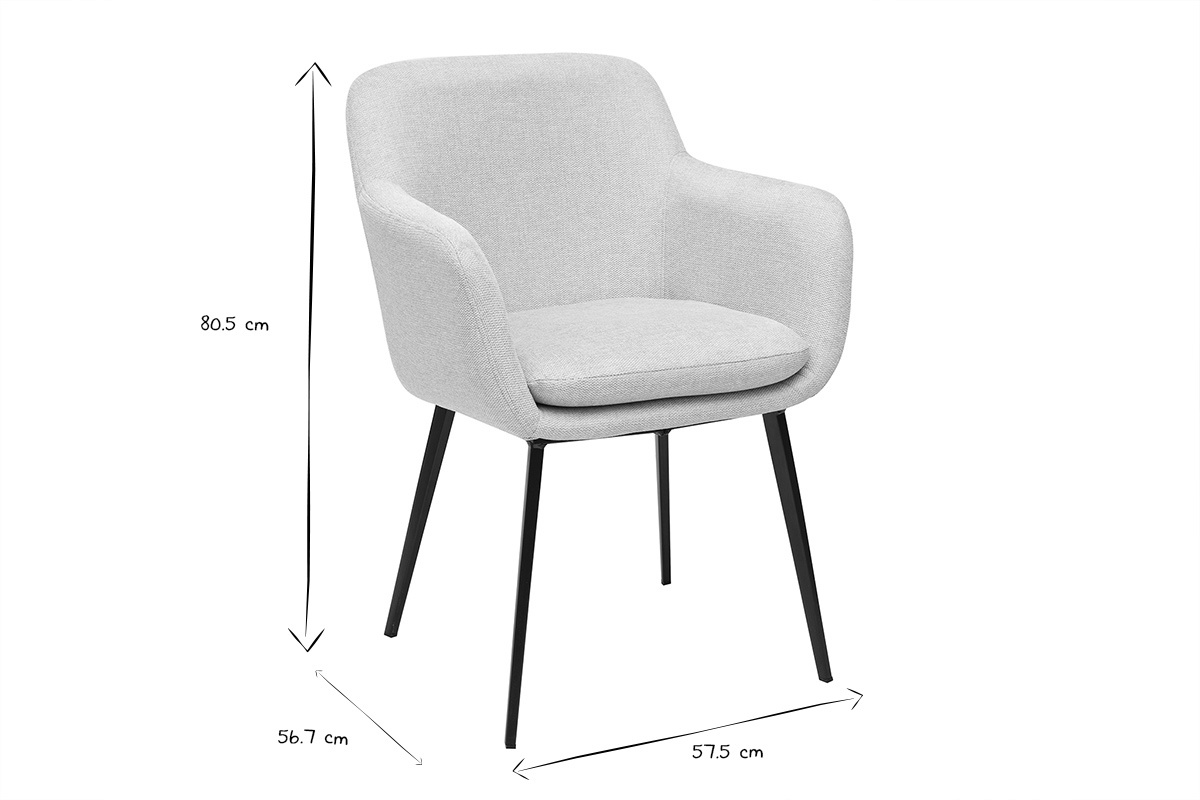 Chaise en tissu effet velours avec dimensions L57.5 x P56.7 x H80.5 cm, vue de 3/4, pitement en mtal noir.