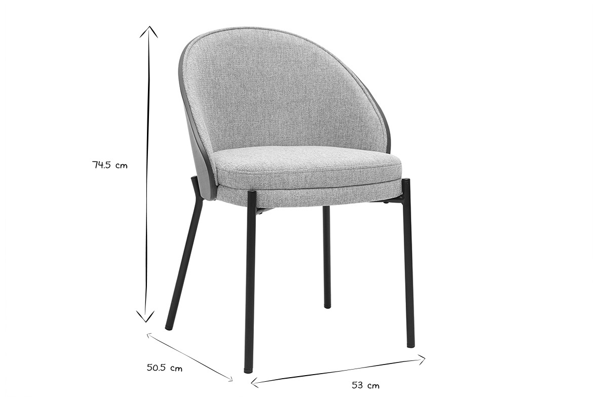 Chaise en tissu effet velours gris avec dimensions 74,5 cm hauteur, 50,5 cm largeur, 53 cm profondeur.