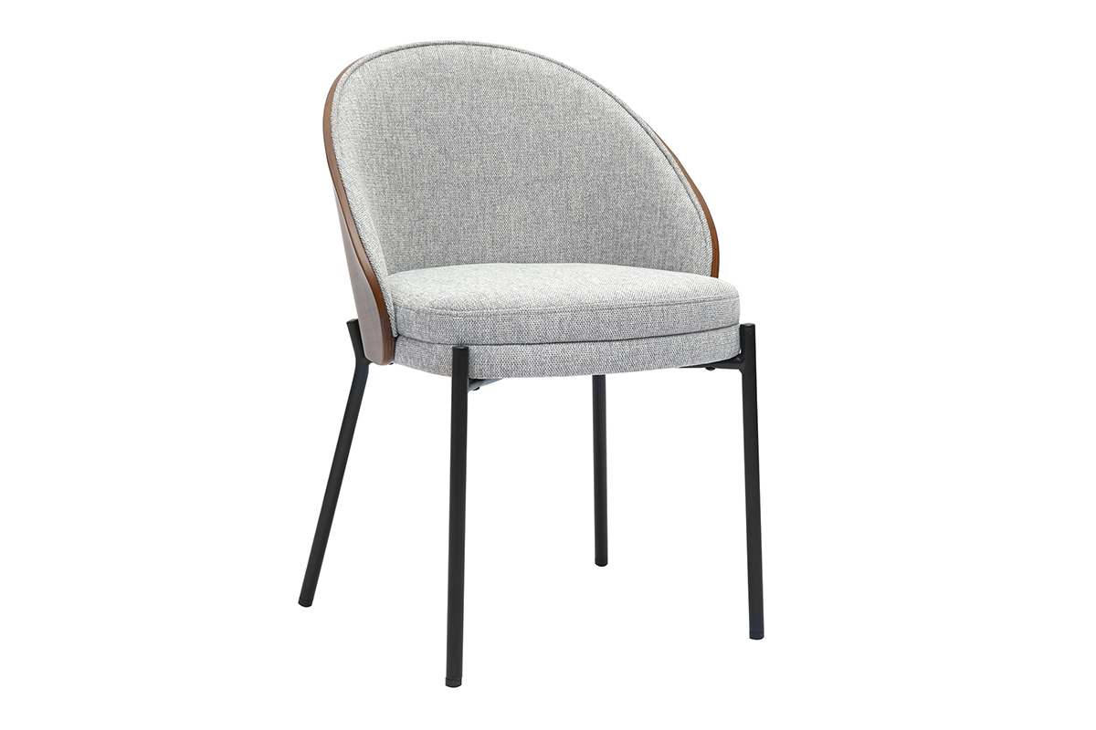 Chaise en tissu gris avec dossier arrondi en bois fonc�, pi�tement en m�tal noir, vue de 3/4.