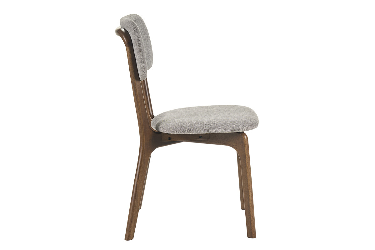 Chaise en bois fonc� et tissu gris, vue de profil.