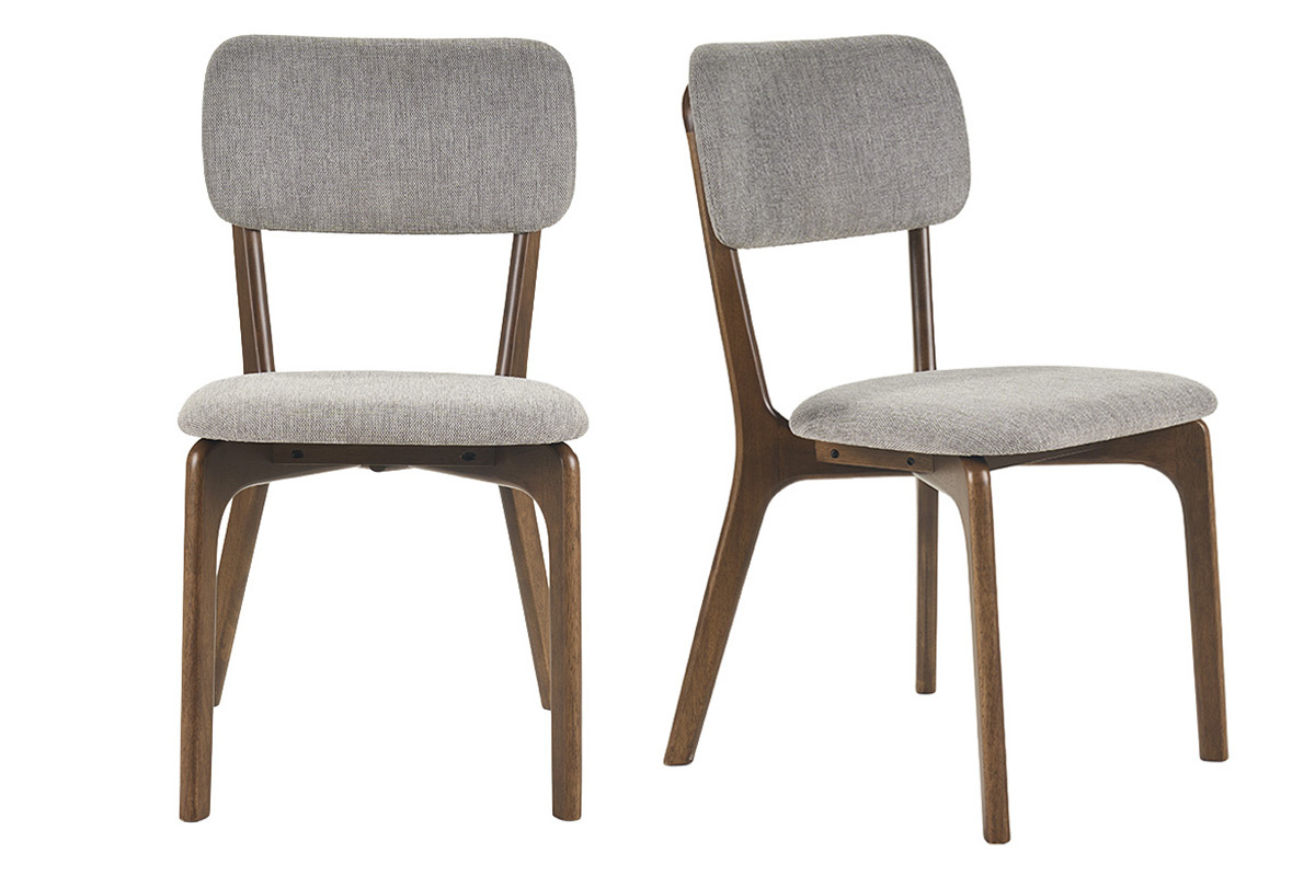 Deux chaises en tissu gris et bois fonc�, vue de face et de profil.