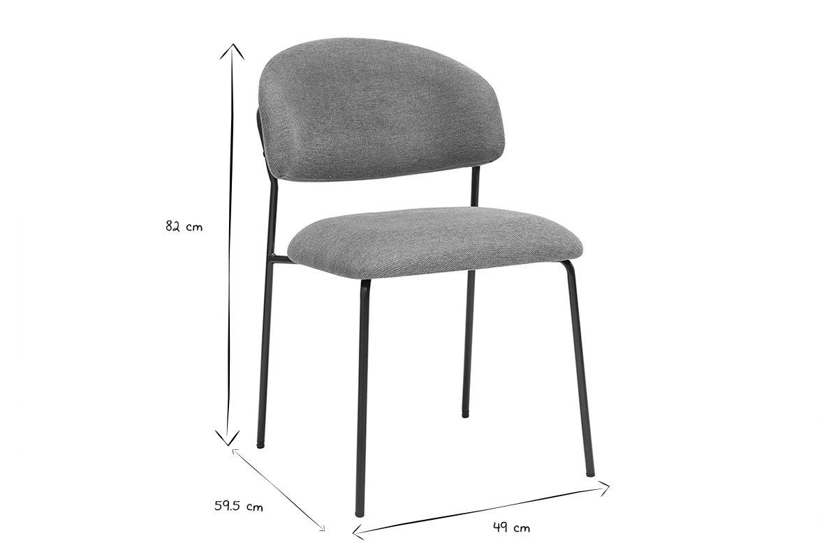 Chaise en tissu avec dimensions 82x59,5x49 cm, vue de profil en noir et blanc.