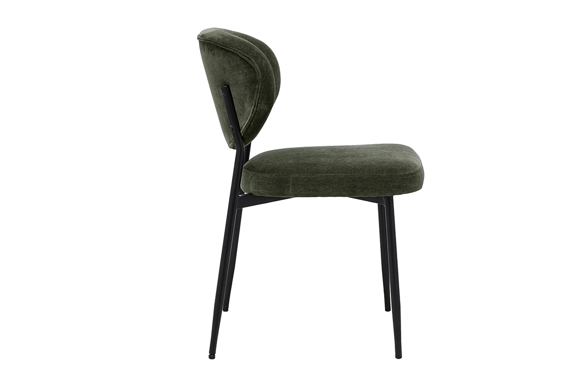 Chaise en tissu velours vert kaki vue de profil avec pi�tement en m�tal chrom�