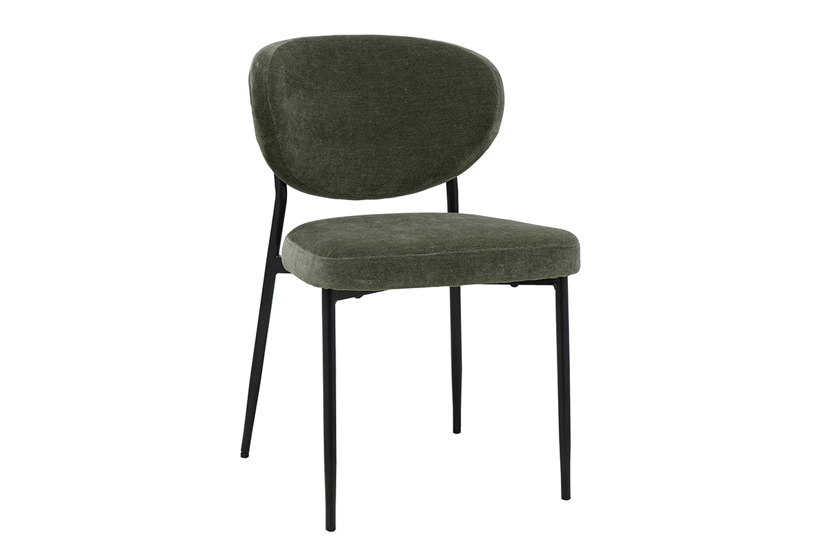 Chaise en tissu effet velours vert kaki avec pi�tement en m�tal chrom�, vue de 3/4