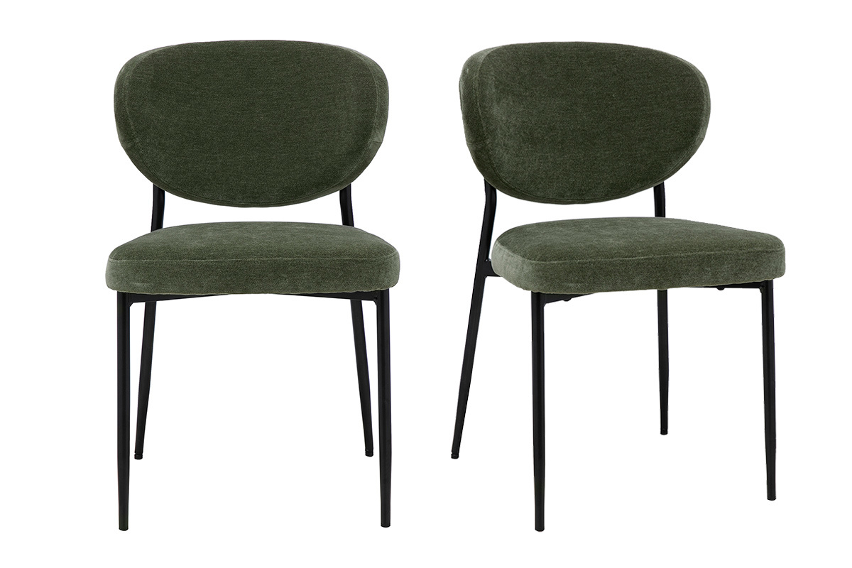 Lot de 2 chaises en tissu velours vert kaki avec pi�tement en m�tal chrom�, vue de face.