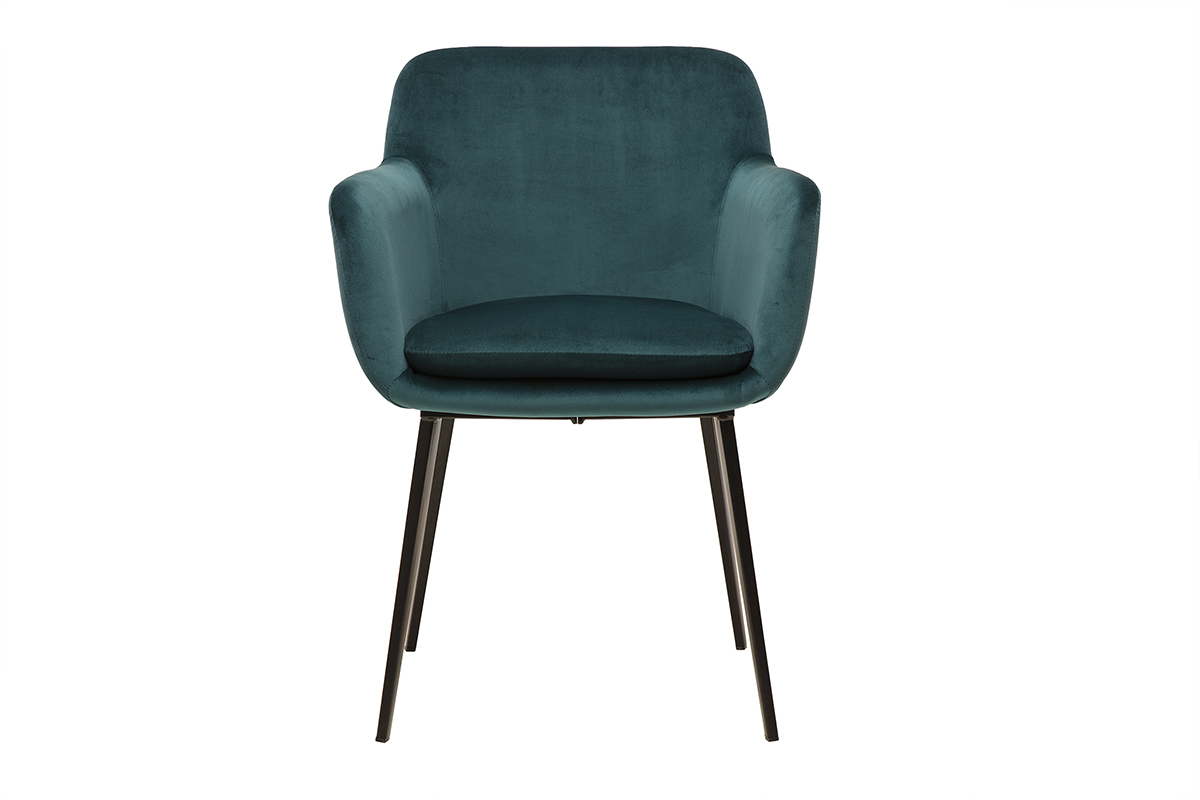 Chaise en tissu velours bleu ptrole avec pitement en mtal noir, vue de face