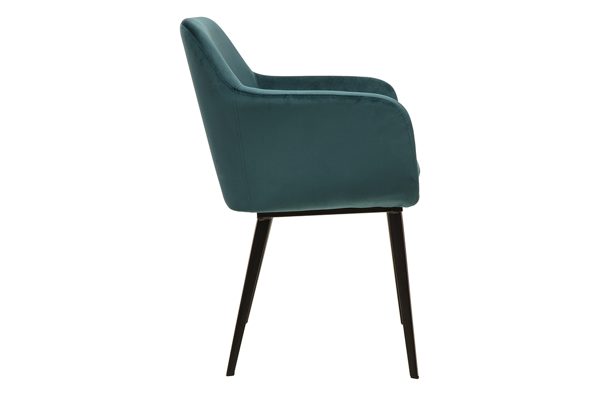 Chaise de profil, en tissu velours bleu ptrole avec pitement en mtal noir AMIKA.