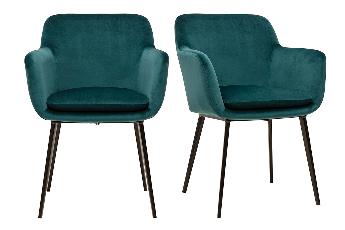 Deux chaises en tissu velours bleu ptrole avec pieds en mtal noir, design contemporain.