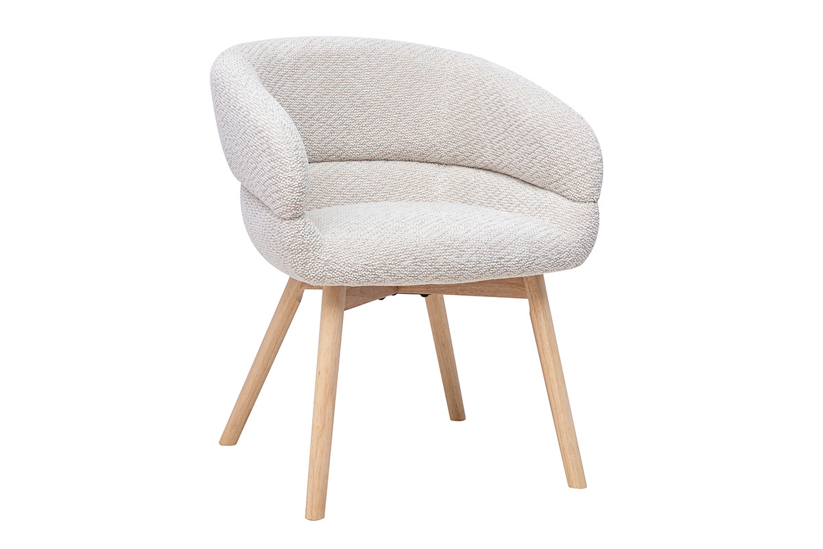Chaise en tissu velours chenille beige avec pieds en bois clair, vue de trois quarts.