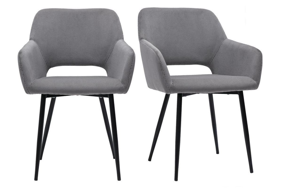 Chaises en tissu velours c�tel� gris et m�tal noir (lot de 2) LAURETTE