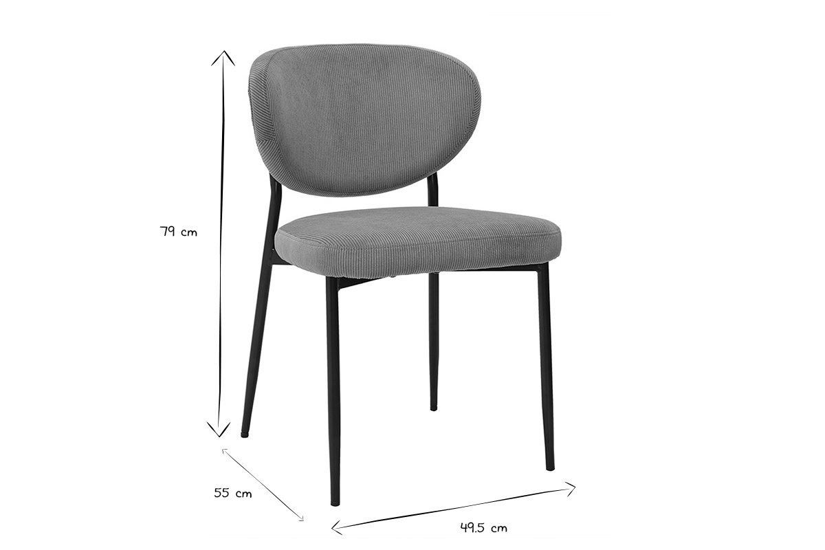 Chaise BREKA en tissu velours c�tel� montrant les dimensions en noir et blanc.