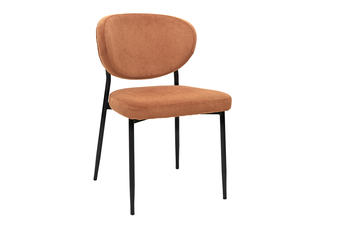 Chaise en velours ctel terre brle et mtal noir vue de 3/4.