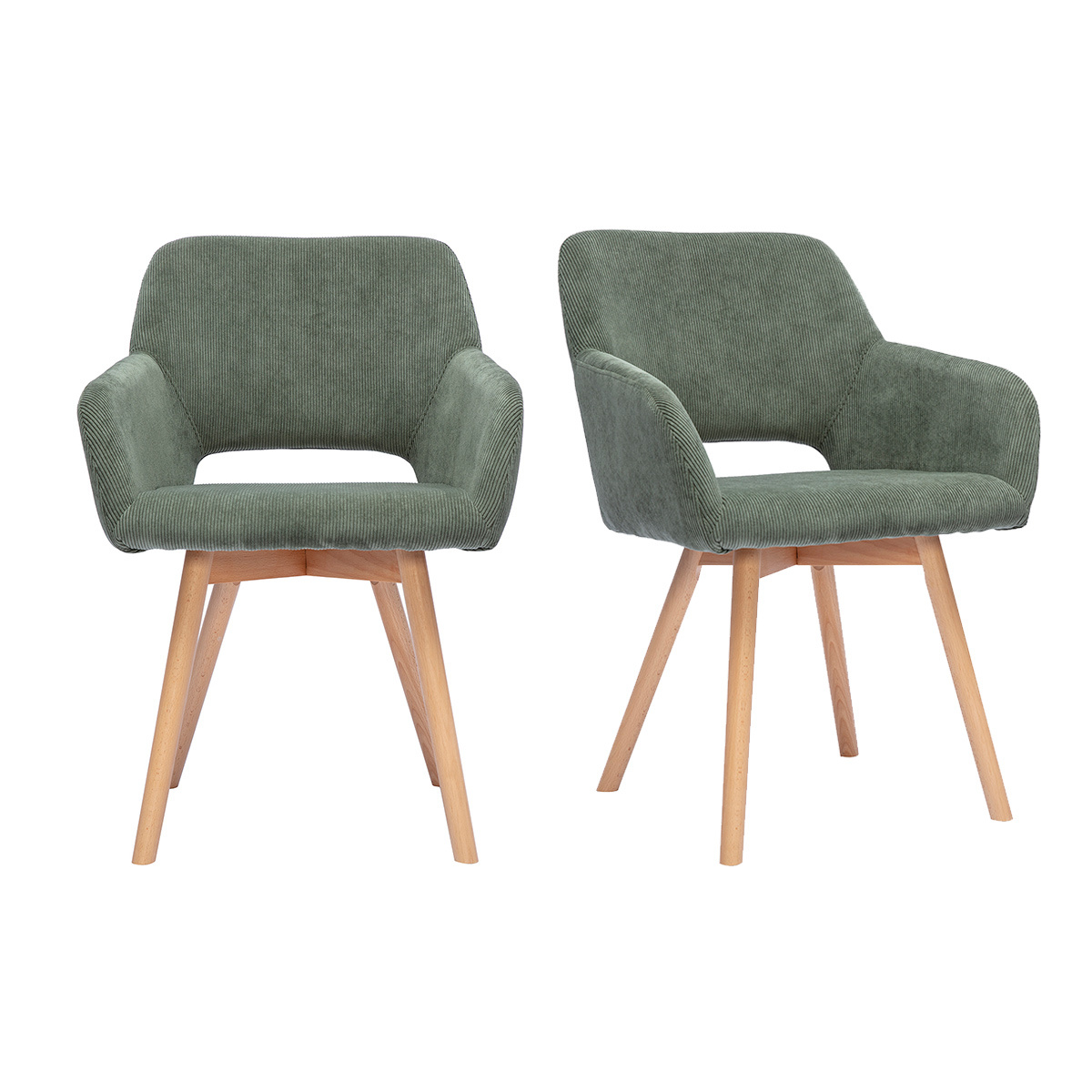 Chaises en tissu velours côtelé vert kaki et bois clair (lot de 2) LAURETTE