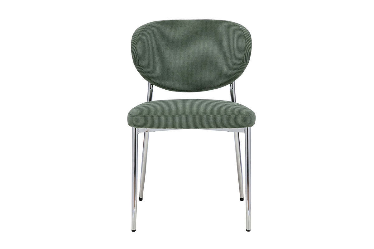 Chaise en tissu velours c�tel� vert kaki, vue de face, pi�tement en m�tal chrom�.