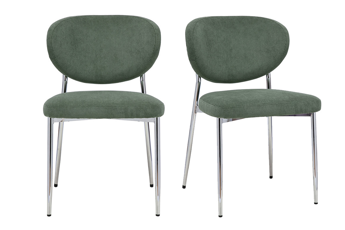 Lot de 2 chaises en tissu velours c�tel� vert kaki avec pi�tement en m�tal chrom�, vue de face.