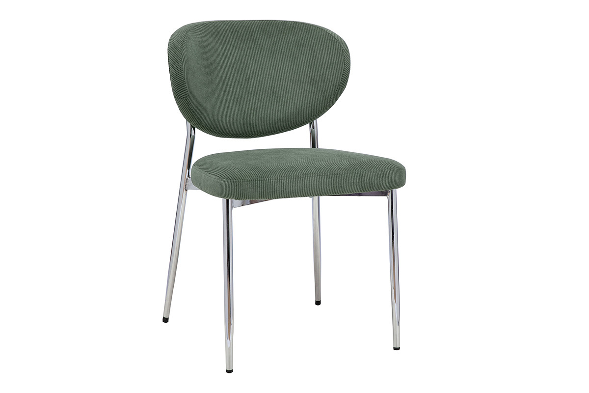 Chaise en tissu velours c�tel� vert kaki avec pi�tement en m�tal chrom�, vue de 3/4