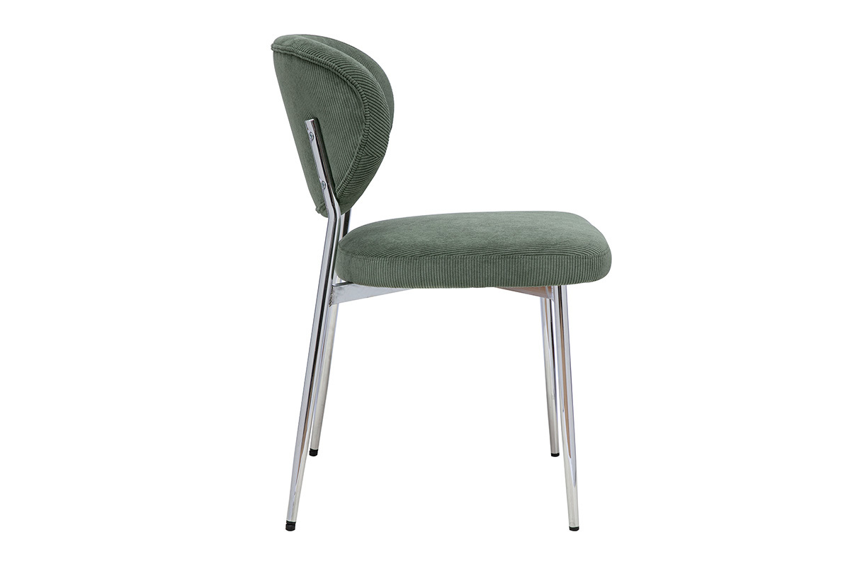 Chaise en tissu velours c�tel� vert kaki, profil gauche, avec pi�tement en m�tal chrom�.