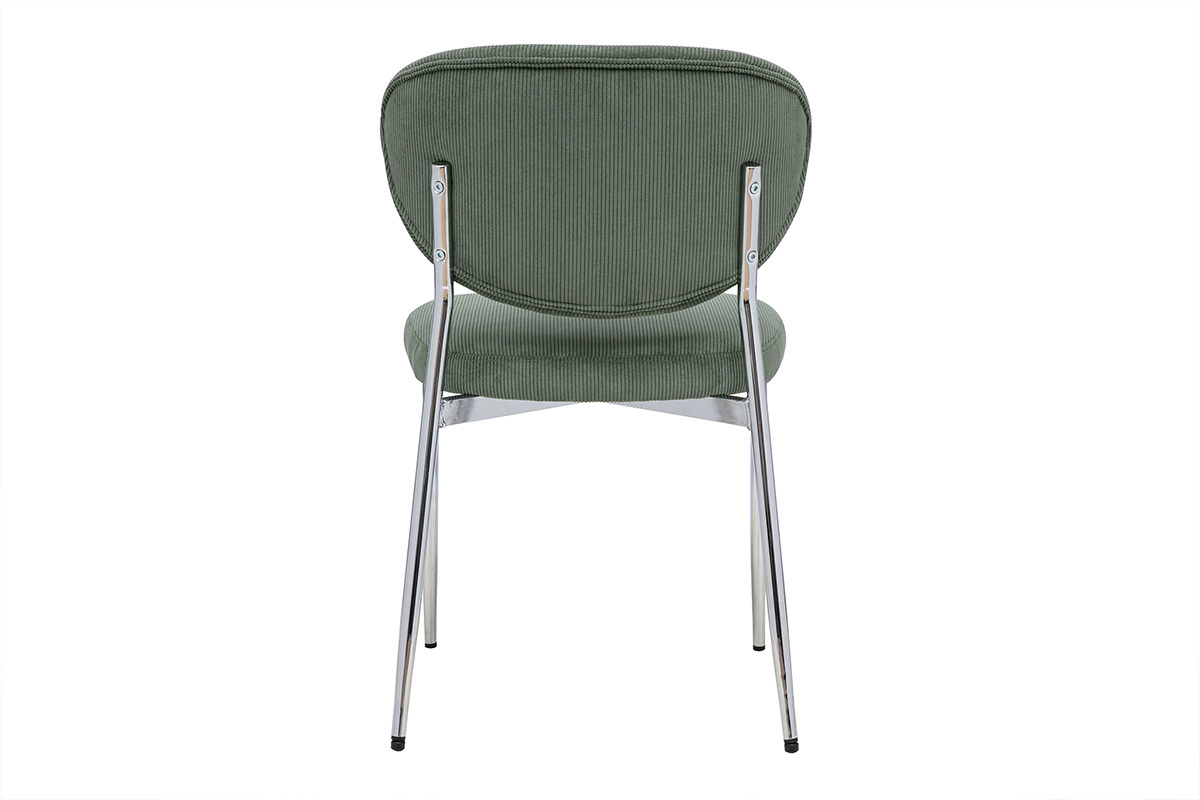 Vue de dos des chaises en tissu velours c�tel� vert kaki et m�tal chrom� BREKA.