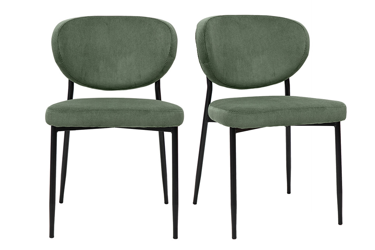 Chaises en tissu velours ctel vert kaki avec pitement en mtal noir, lot de 2, modle BREKA.