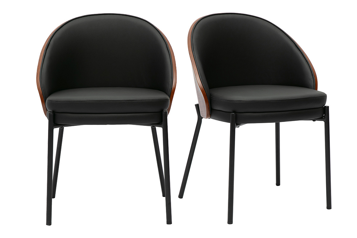 Deux chaises TUCSON noires avec dossier rond en bois fonc� et pieds en m�tal noir, vue de face.