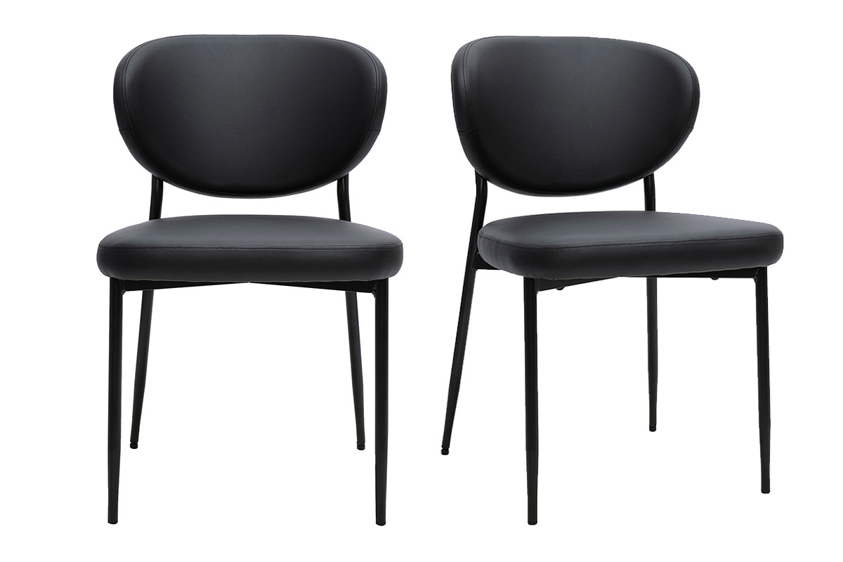 Lot de 2 chaises noires en polyur�thane avec pi�tement en m�tal, vue de face.
