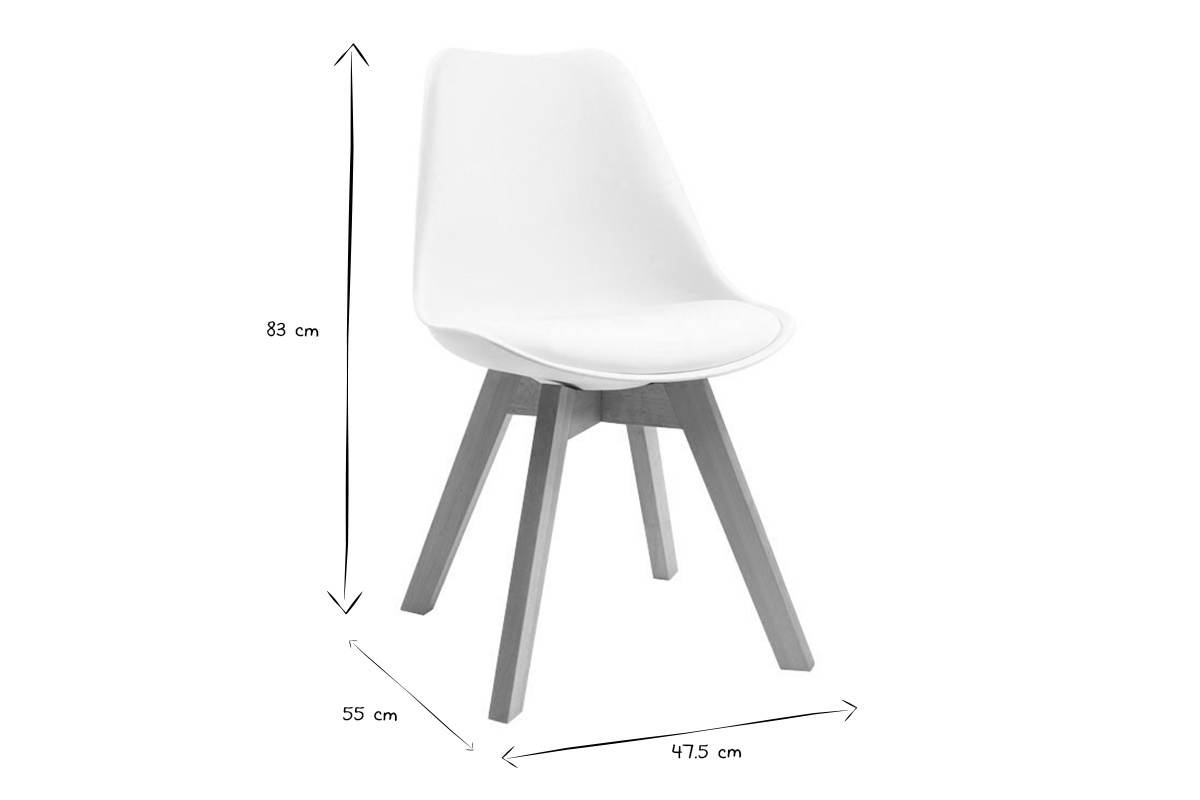 Chaise scandinave avec dimensions 83x47.5x55 cm en noir et blanc, vue de 3/4.