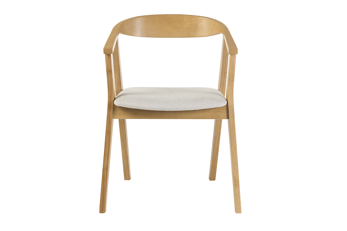 Chaise scandinave BAHIA en bois clair avec accoudoirs et coussin beige, vue de face.