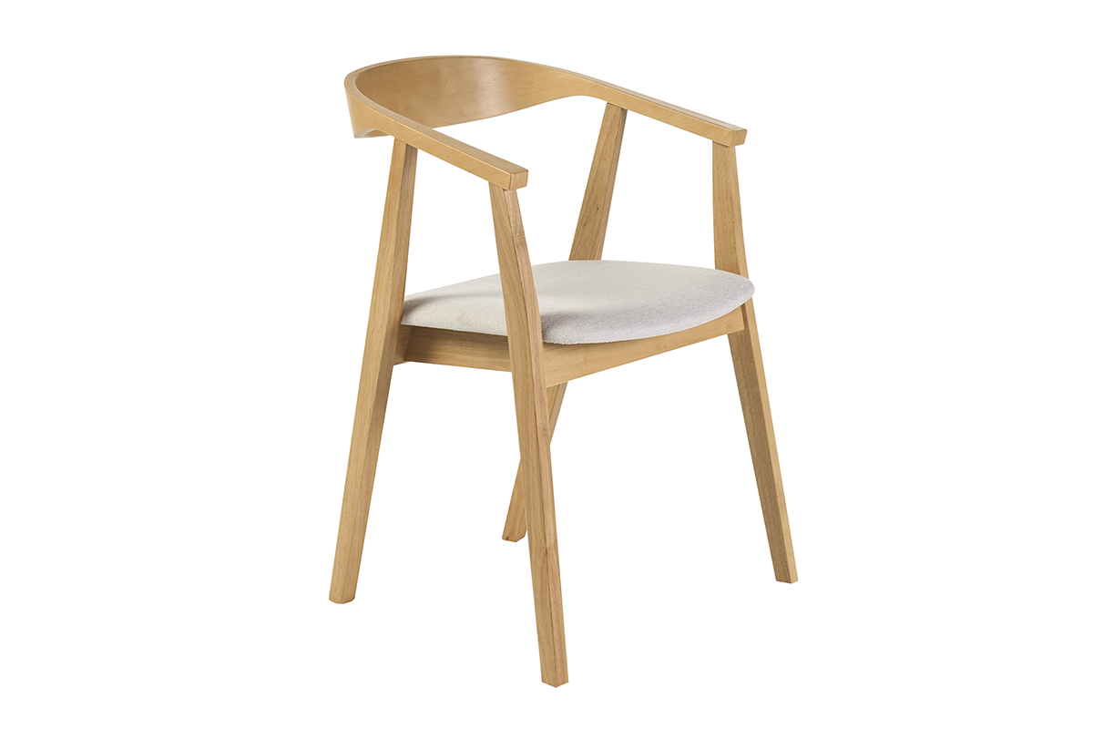 Chaise scandinave en bois clair avec assise en tissu beige, vue de 3/4