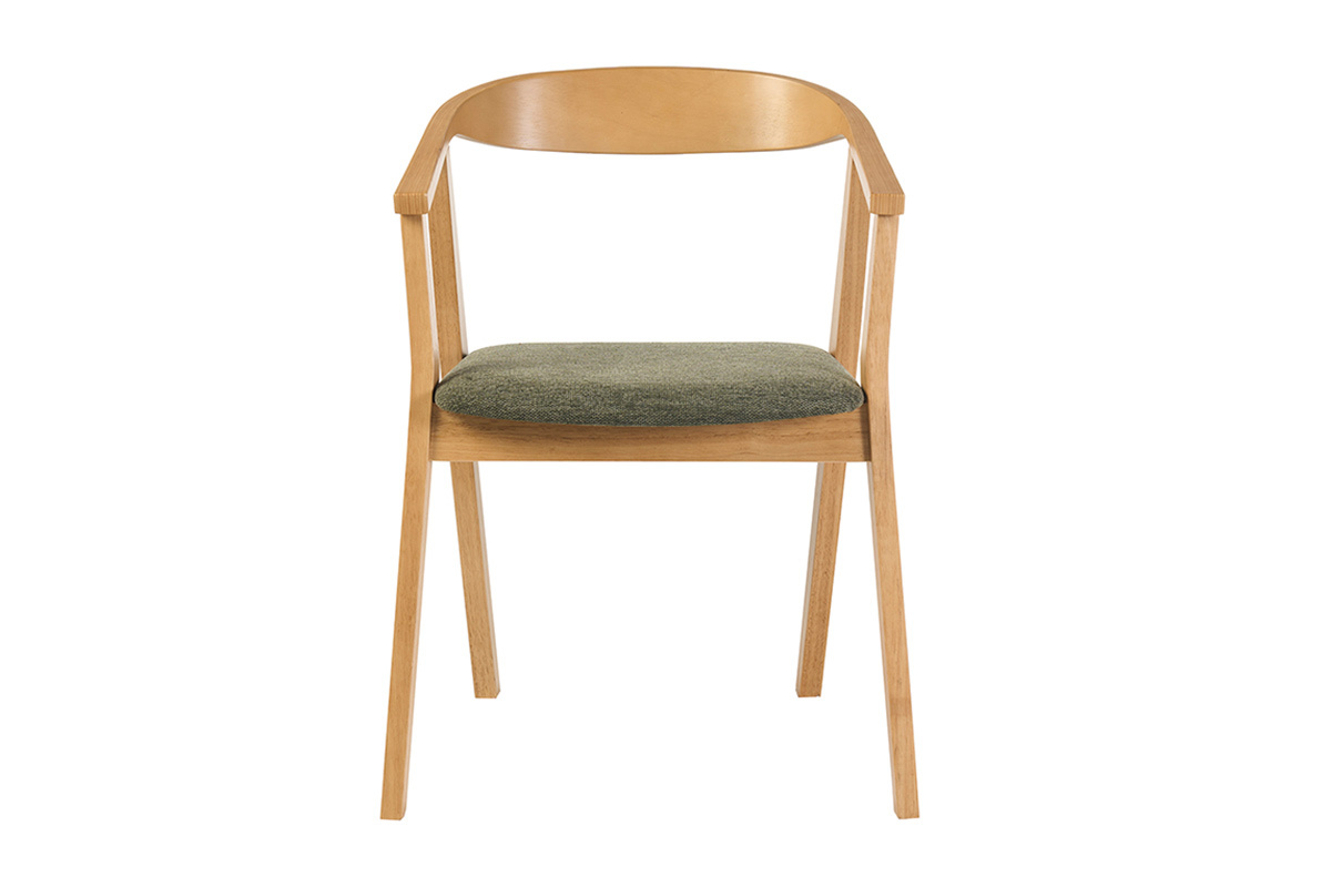 Chaise scandinave en bois clair avec assise en tissu vert kaki, vue de face.
