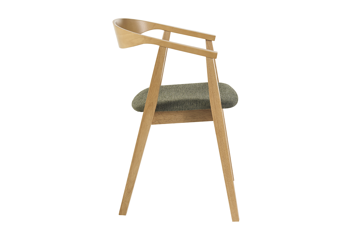 Chaise scandinave BAHIA en bois clair avec accoudoirs et assise en tissu vert kaki, vue de profil.