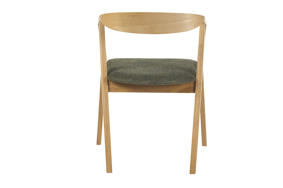 Chaise scandinave en bois clair avec assise en tissu vert kaki, vue de dos.