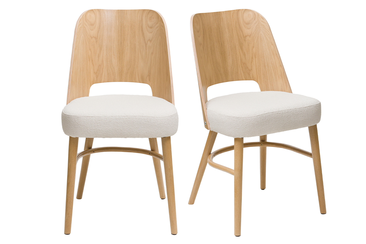 Chaises scandinaves en bois clair ch�ne et tissu effet laine boucl�e blanc cass� (lot de 2) EDITO