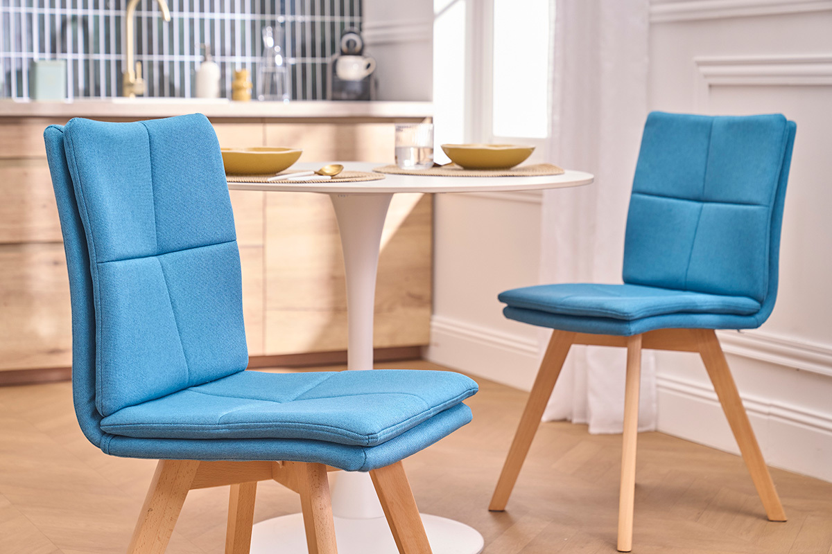Chaises scandinaves en tissu bleu et bois clair (lot de 2) THEA