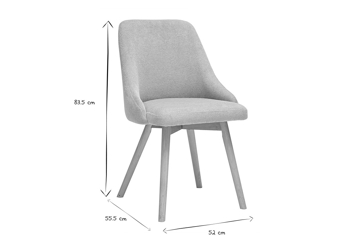Dimensions d'une chaise scandinave, 83.5x55.5x52 cm, vue de profil, en noir et blanc.