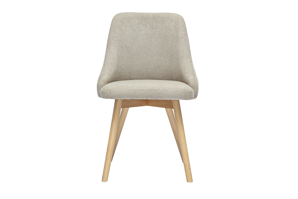 Chaise scandinave beige en tissu chenille avec pieds en bois clair, vue de face.