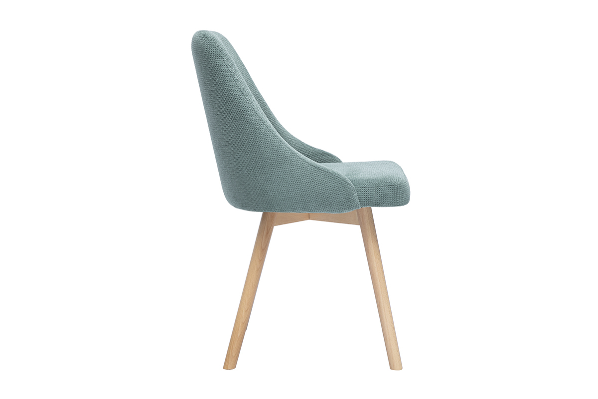 Chaise scandinave en tissu vert cladon vue de profil, pieds en bois clair.