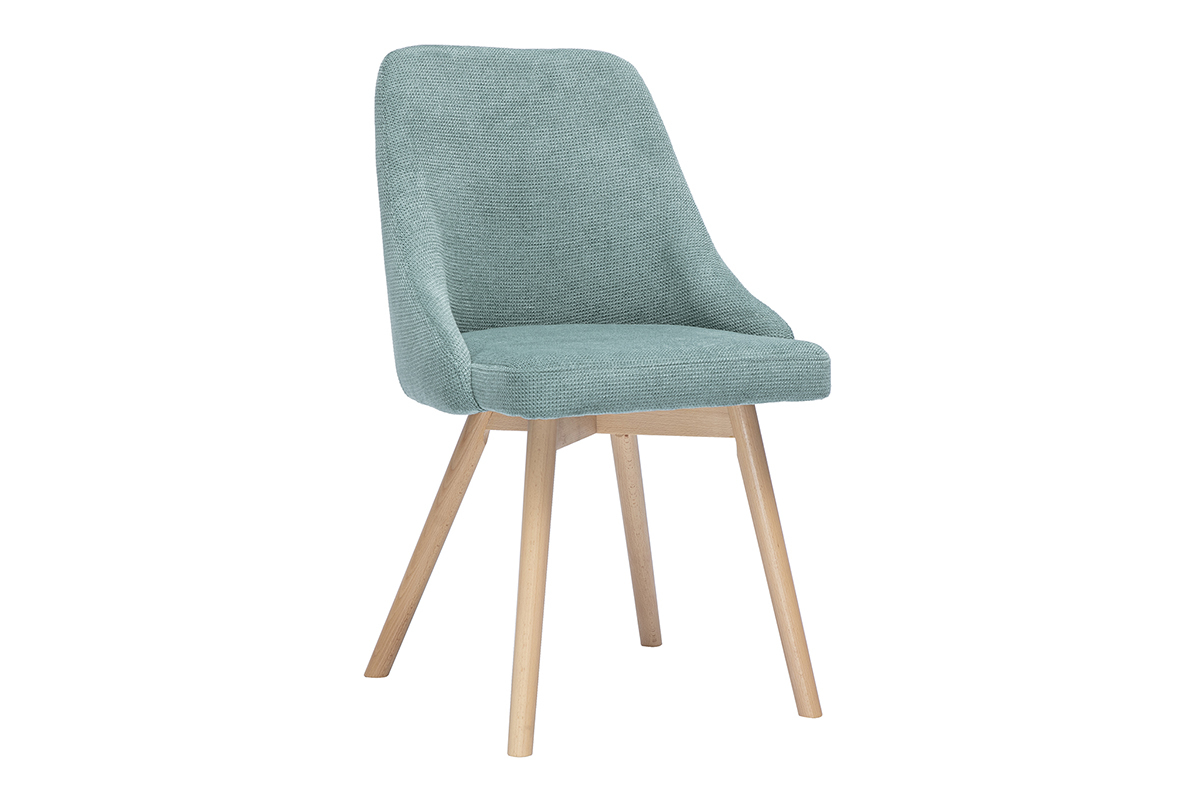 Chaise scandinave en tissu vert cladon et bois clair vue de 3/4.