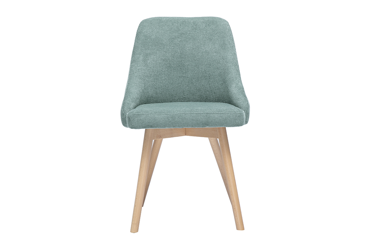 Chaise scandinave tissu vert cladon et bois clair, vue de face.