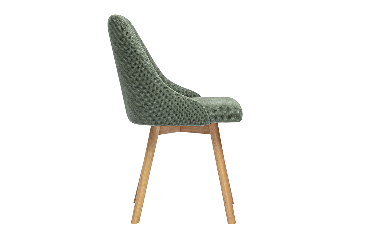 Chaise scandinave vert kaki en tissu textur, vue de ct, pieds en bois clair.